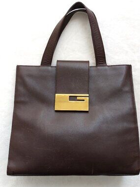 Gucci Tom Ford Brown Calfskin Leather G Logo Top Handle Tote - Vintage 1998